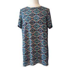 The Limited Teal & Pink Back Zip Tunic Top Kaleidoscope Geometric Short Sleeve